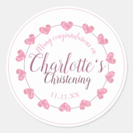 Baby meisje doop roze & wit hart cadeau ronde sticker