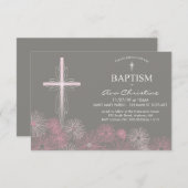 Baby Meisje Doop Uitnodiging met Kruis, Daisies (Voorkant / Achterkant)