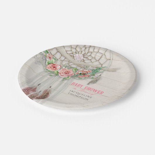 Baby Meisje Douche BOHO Bloemen Droom Catcher Veer Papieren Bordje (Gekanteld)