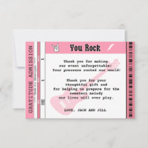 BABY MEISJE DOUCHE CONCERT TICKET BEDANKT