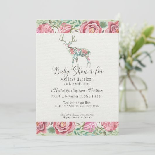 Baby Meisje Douche Elegante Bloemen Roos Deer Antl Kaart (Staand voorkant)
