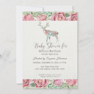 Baby Meisje Douche Elegante Bloemen Roos Deer Antl Kaart