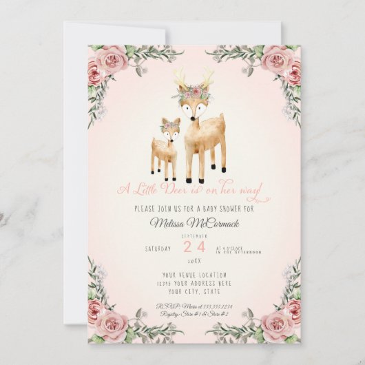 Baby Meisje Douche Kleine Herten Antler Rozen Bloe Kaart (Voorkant)
