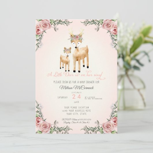 Baby Meisje Douche Kleine Herten Antler Rozen Bloe Kaart (Staand voorkant)