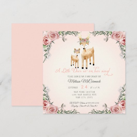 Baby Meisje Douche Kleine Herten Antler Rozen Vier Kaart (Voorkant / Achterkant)