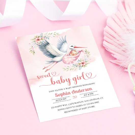 Baby Meisje Douche met Stork Illustratie – Elegant Kaart