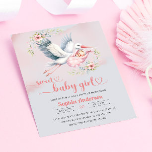 Baby Meisje Douche met Stork Illustratie – Elegant Kaart