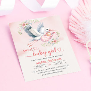 Baby Meisje Douche met Stork Illustratie – Elegant Kaart