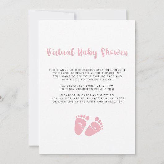 Baby Meisje Douche met Virtual Online Option Roze Kaart (Achterkant)