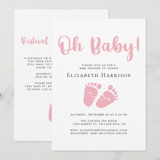 Baby Meisje Douche met Virtual Online Option Roze Kaart (Voorkant / Achterkant)