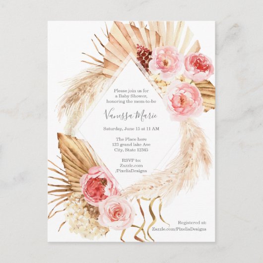 Baby Meisje Douche Moderne Boho Pampas gras bloemi Uitnodiging Briefkaart (Voorkant)