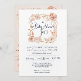 Baby Meisje Douche Navy Blush Roze Waterverf Bloem Kaart