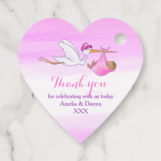 Baby meisje douche ooievaar roze waterverf dank u bedankjes labels (Achterkant)
