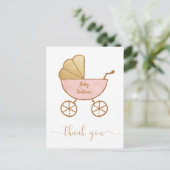 Baby Meisje Douche Retro Carriage Roze Dank u Briefkaart (Staand voorkant)