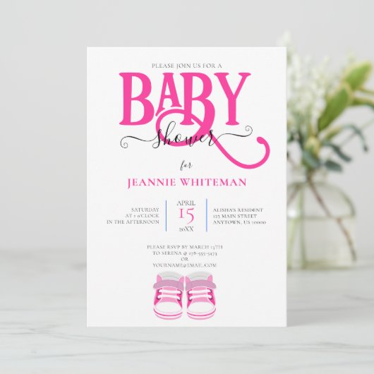 BABY MEISJE DOUCHE, ROZE LAARZEN, ROZE TYPOGRAFIE KAART (Staand voorkant)