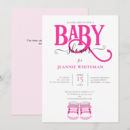 BABY MEISJE DOUCHE, ROZE LAARZEN, ROZE TYPOGRAFIE KAART (Voorkant / Achterkant)