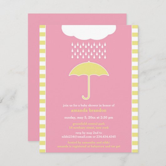Baby Meisje Douche Roze paraplu uitnodiging (Voorkant / Achterkant)