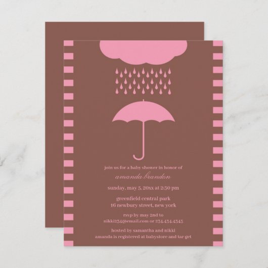 Baby Meisje Douche Roze paraplu uitnodiging (Voorkant / Achterkant)