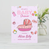 Baby meisje douche uitnodiging, roze kaart (Staand voorkant)