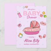 Baby meisje douche uitnodiging, roze kaart (Voorkant / Achterkant)
