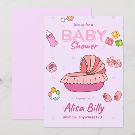 Baby meisje douche uitnodiging, roze kaart (Voorkant / Achterkant)