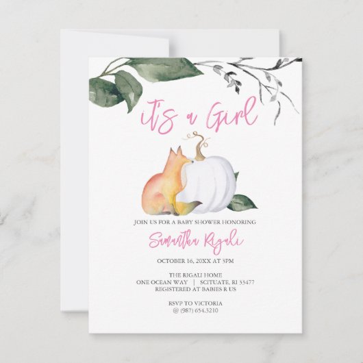 Baby Meisje Douche Uitnodigingen Pompoen en Vos (Voorkant)