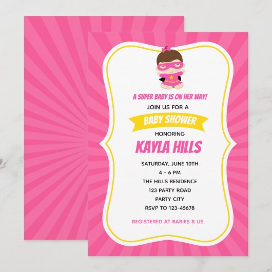 Baby Meisje Douche Uitnodigingen (Superheld) Roze (Voorkant / Achterkant)