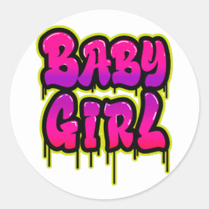 Baby Meisje Druppelend Woord Kunst Spuitverf Roze Ronde Sticker