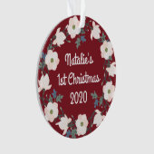 Baby Meisje Eerste Kerst Bloemen Bourgogne Foto Ornament (voorkant)