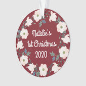 Baby Meisje Eerste Kerst Bloemen Bourgogne Foto Ornament (voorkant)