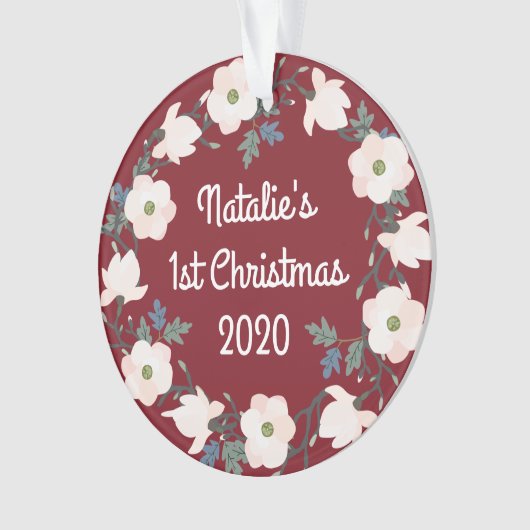 Baby Meisje Eerste Kerst Bloemen Bourgogne Foto Ornament (voorkant)