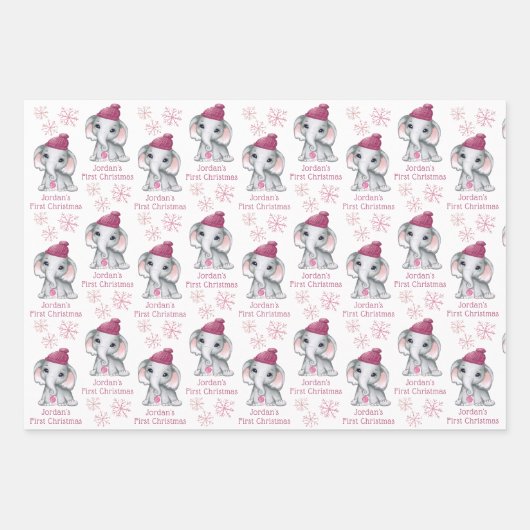 Baby Meisje Eerste Kerst Olifant Roze Sneeuw Naam Inpakpapier Vel (Voorkant)