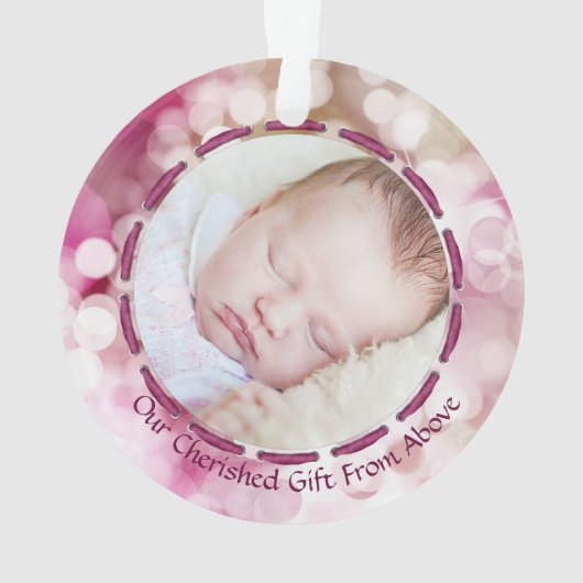 Baby Meisje Eerste Kerst Roze Bokeh Twee foto's Ornament (achterkant)