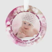 Baby Meisje Eerste Kerst Roze Bokeh Twee foto's Ornament (voorkant)