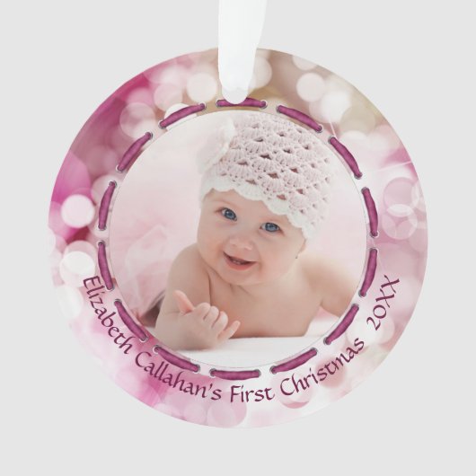 Baby Meisje Eerste Kerst Roze Bokeh Twee foto's Ornament (voorkant)