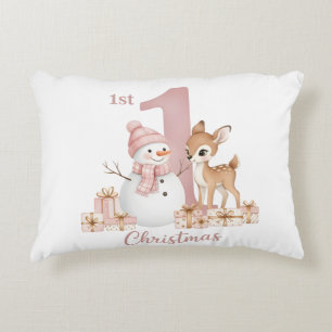 Baby Meisje Eerste Kerst Sneeuwman Herten Accent Kussen