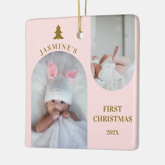 Baby Meisje Eerste Kerstboog Foto Blush Roze Keramisch Ornament (Links)