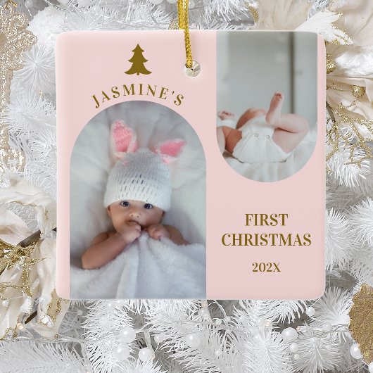 Baby Meisje Eerste Kerstboog Foto Blush Roze Keramisch Ornament