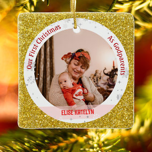 Baby Meisje Eerste Kerstmis als peetouders 2 foto' Keramisch Ornament