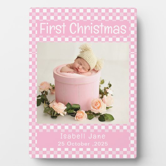 Baby Meisje Eerste Kerstmis Foto Collage Roze Fotoplaat (voorkant)