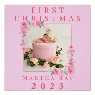 Baby Meisje Eerste Kerstmis Zacht Roze Bloemen lij Perfect Poster