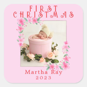 Baby Meisje Eerste Kerstmis Zacht Roze Bloemen lij Vierkante Sticker