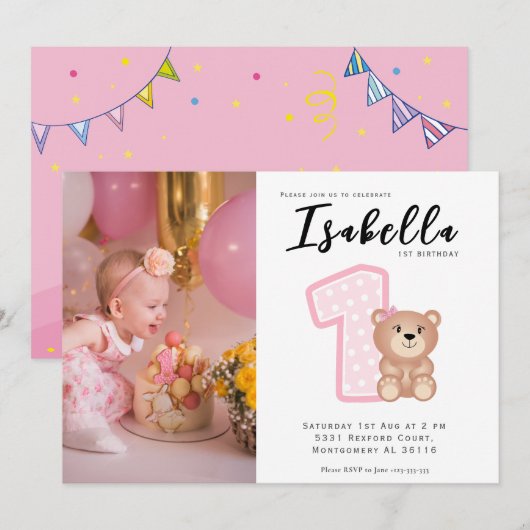 Baby meisje eerste verjaardag uitnodiging (Voorkant / Achterkant)