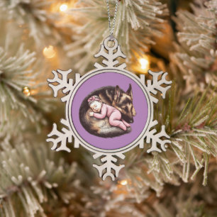 Baby Meisje en haar Duitse Herder Tin Sneeuwvlok Ornament