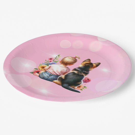 Baby meisje en haar puppy | Baby Shower Papieren Bordje (Gekanteld)