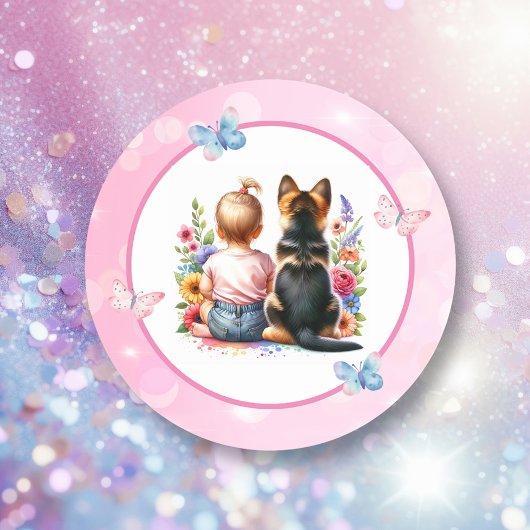 Baby meisje en haar puppy | Baby Shower Ronde Sticker