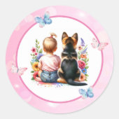 Baby meisje en haar puppy | Baby Shower Ronde Sticker (Voorkant)