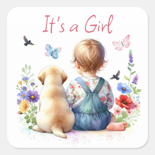 Baby Meisje en haar Puppy | Het is een meisje Wate Vierkante Sticker (Voorkant)