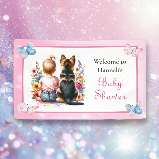 Baby meisje en haar puppy welkom Baby shower Spandoek