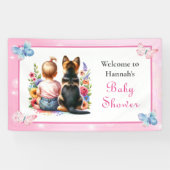 Baby meisje en haar puppy welkom Baby shower Spandoek (Horizontaal)